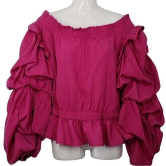 Guess Puffy Sleeve Off Shoulder Barbie Pink Pirate Top Ruffles Women's Sz Large - Picture 16 of 16